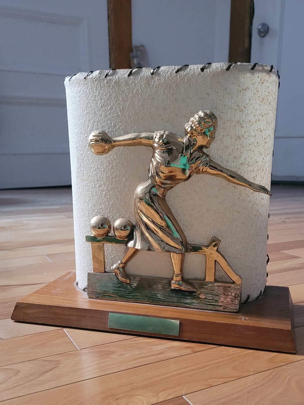 1950s TV Lamp Womens Bowling Trophy Sculpture - Gold and Wood